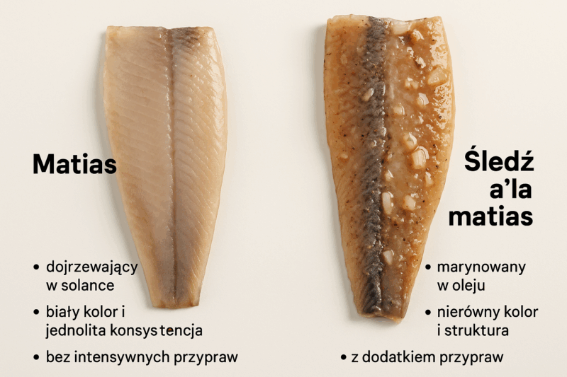 Porównanie wyglądu oryginalnego matiasa i śledzia w oleju