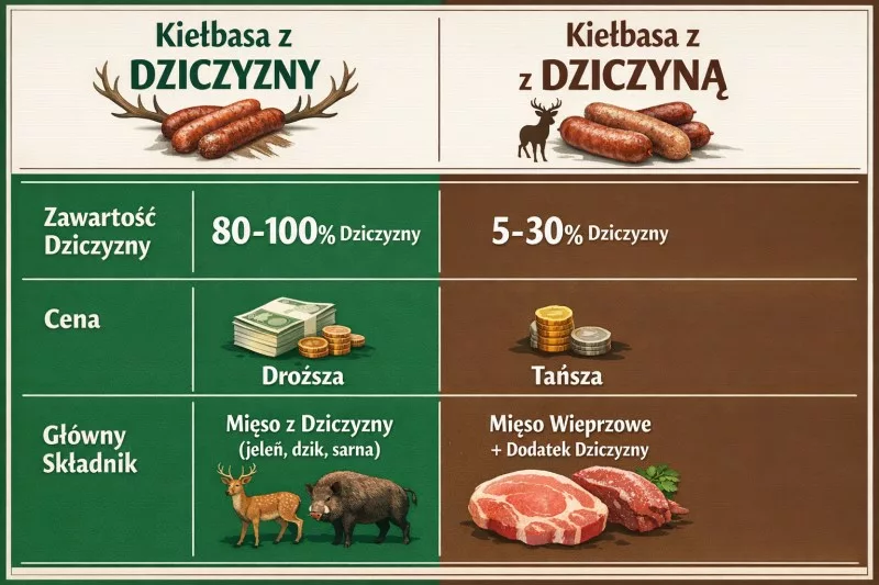 Infografika porównanie kiełbasy z dziczyzny vs z dziczyzną