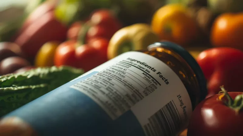 Etykieta żywności z listą E-dodatków obok świeżych produktów