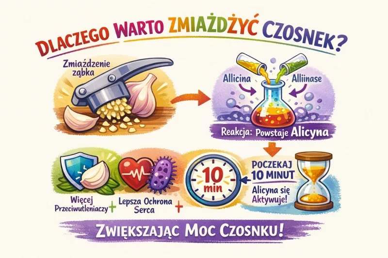 Infografika przedstawiająca proces powstawania allicyny w czosnku - kluczowego składnika o działaniu antybakteryjnym