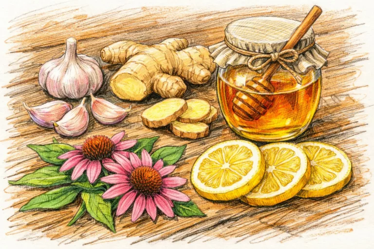 Naturalne składniki wzmacniające odporność - czosnek, imbir, miód, cytryna i echinacea na drewnianym stole. naturalny antybiotyk