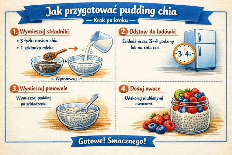 Instrukcja przygotowania puddingu chia z mlekiem i owocami
