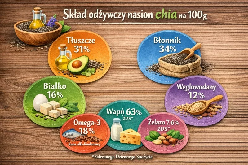 Infografika przedstawiająca skład odżywczy nasion chia na 100g