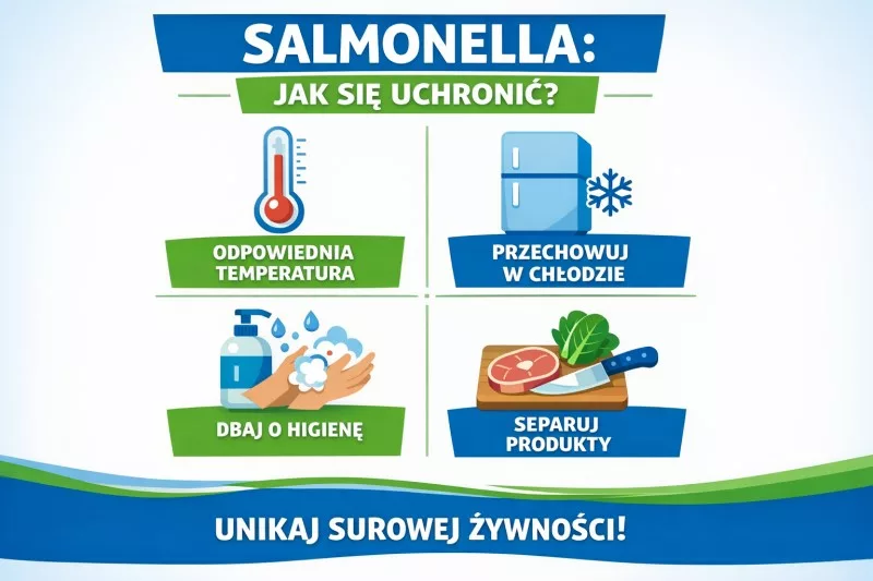 Infografika przedstawiająca siedem zasad zapobiegania zakażeniu salmonellą w kuchni