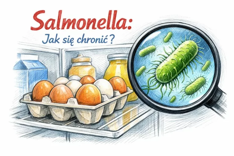 Jaja w lodówce, symbol ochrony przed salmonellą, zagrożenie bakteriami w żywności