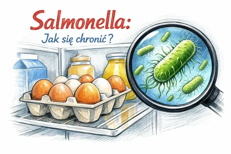 Jaja w lodówce, symbol ochrony przed salmonellą, zagrożenie bakteriami w żywności