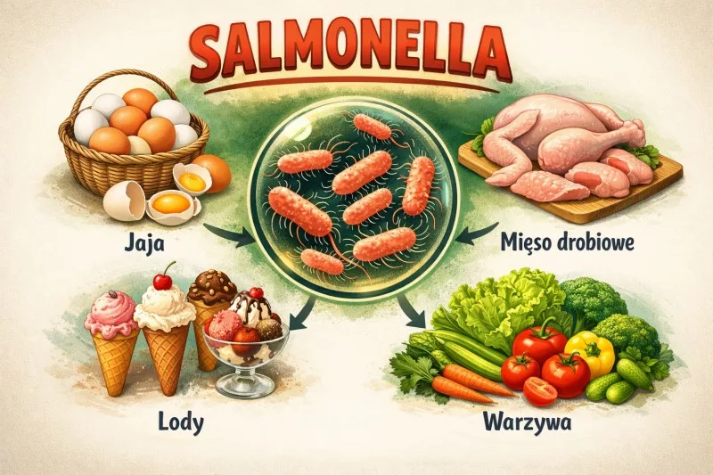 Główne źródła zakażenia salmonellą w żywności: jaja, drób, lody, warzywa