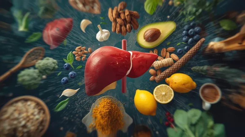 Kolorowa infografika pokazująca brokuły, czosnek, borówki, orzechy, awokado, kurkumę, szpinak, cytryny, pełnoziarniste produkty i wodę jako produkty wspierające wątrobę