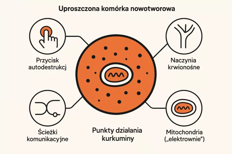 Infografika przedstawiająca cztery sposoby działania kurkuminy na komórki nowotworowe