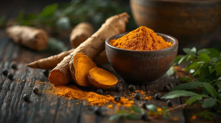 Świeże korzenie kurkumy i proszek kurkumy na drewnianym stole