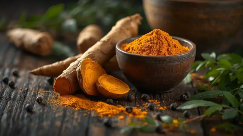 Świeże korzenie kurkumy i proszek kurkumy na drewnianym stole