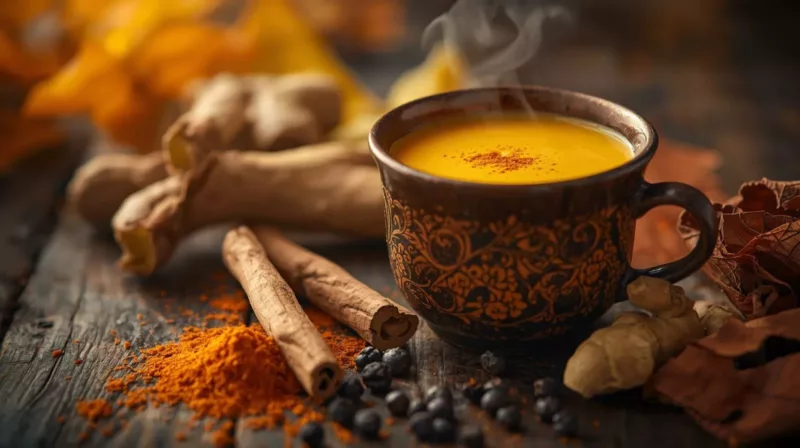 Kubek złotego mleka z kurkumą i przyprawami na drewnianym blacie
