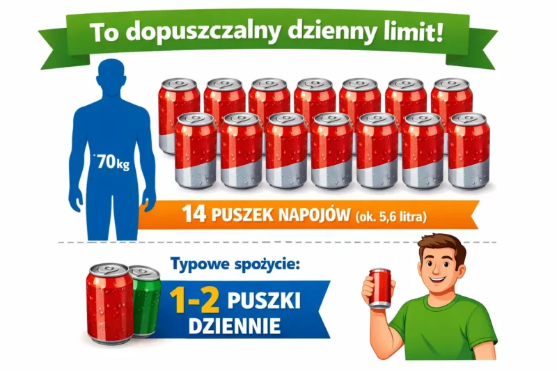 Infografika przedstawiająca dopuszczalne dzienne spożycie aspartamu: 14 puszek napojów dla osoby 70 kg