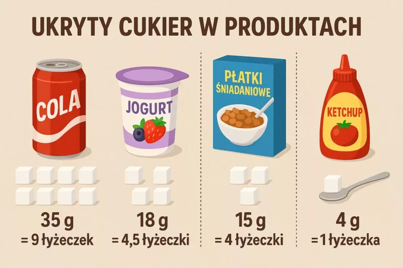 Porównanie zawartości cukru w popularnych produktach spożywczych - napoje, jogurty, sosy