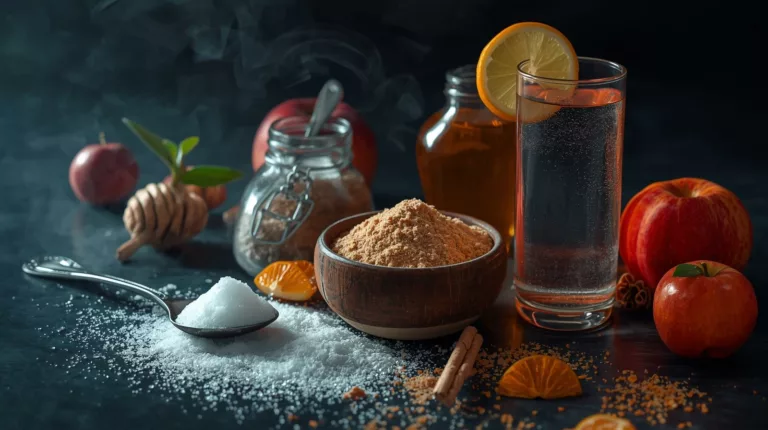 Różne rodzaje cukru i naturalnych słodzideł na stole - cukier biały, brązowy, miód i świeże owoce