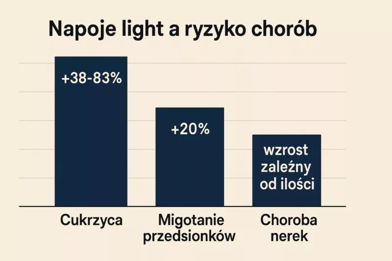 Wykres pokazujący procentowy wzrost ryzyka różnych chorób przy regularnym spożyciu napojów light