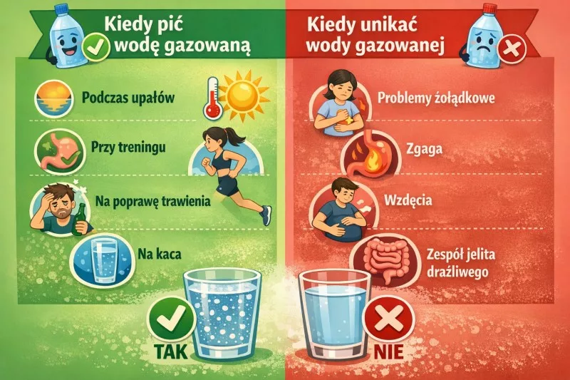 Infografika wskazówek dotyczących picia wody gazowanej w różnych sytuacjach