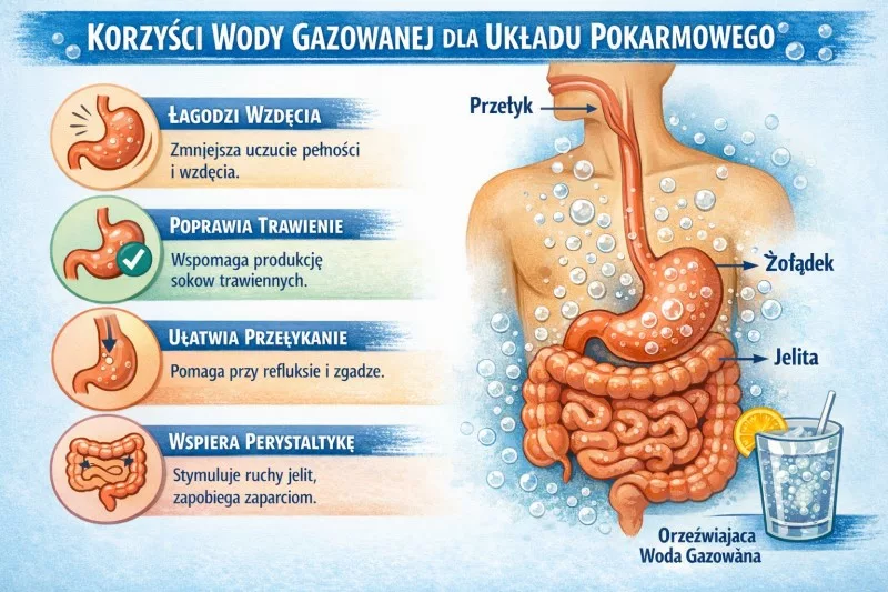 Schemat układu pokarmowego z oznaczonymi korzyściami płynącymi z picia wody gazowanej