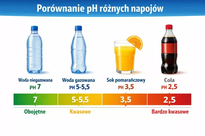 Infografika pokazująca poziom pH wody gazowanej w porównaniu z innymi napojami