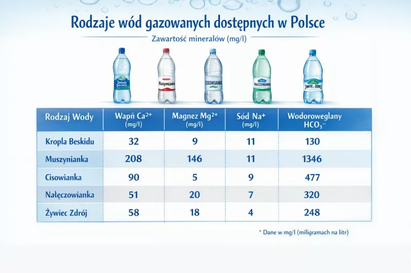 Tabela pokazująca różnice między wodą mineralną, źródlaną i zwykłą wodą gazowaną