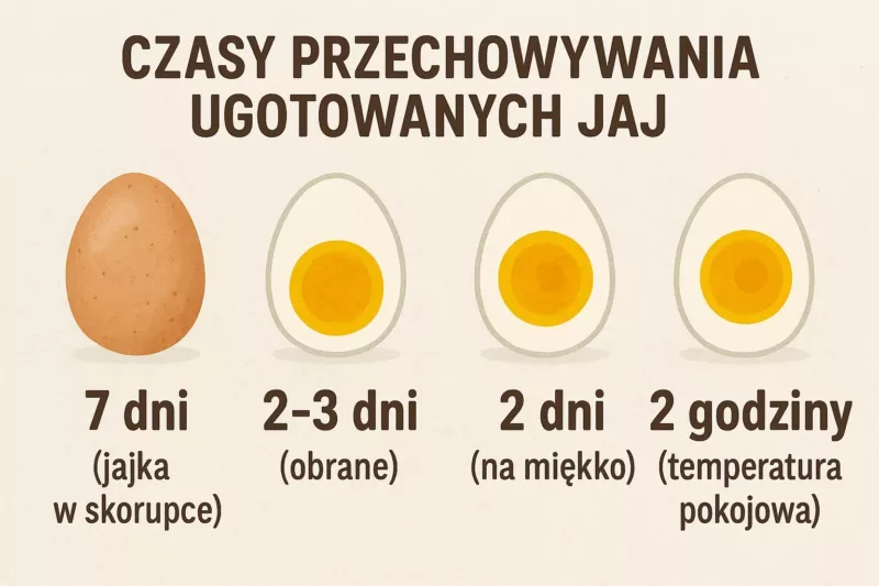 Infografika z czasem przechowywania ugotowanych jajek w różnych warunkach