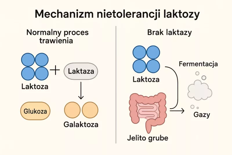 Schemat pokazujący różnicę między normalnym trawieniem laktozy a nietolerancją laktozy
