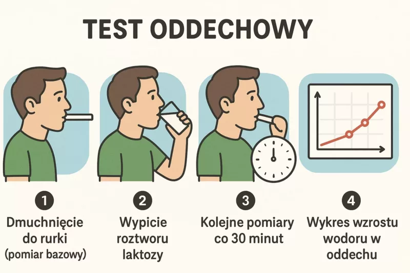 Schemat przebiegu wodorowego testu oddechowego w diagnostyce nietolerancji laktozy