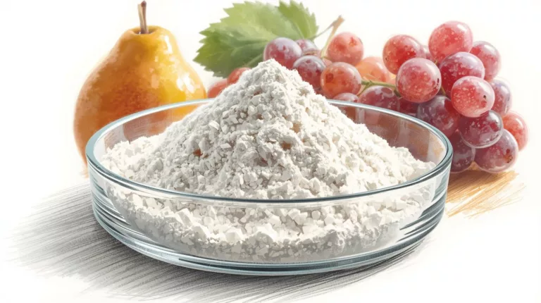 Erytrytol w proszku obok naturalnych źródeł jak gruszki i winogrona