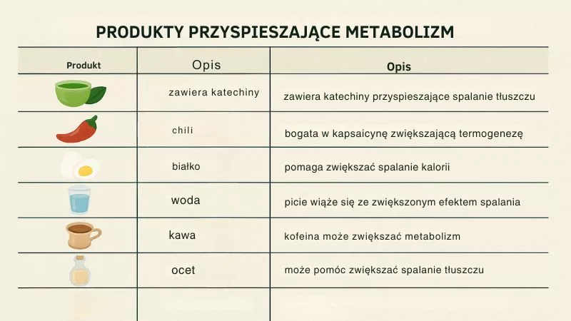 Tabela produktów naturalnie przyspieszających metabolizm i ich właściwości