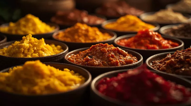 Różne rodzaje mieszanek curry w małych miseczkach prezentujące spektrum kolorów od żółtego po czerwony