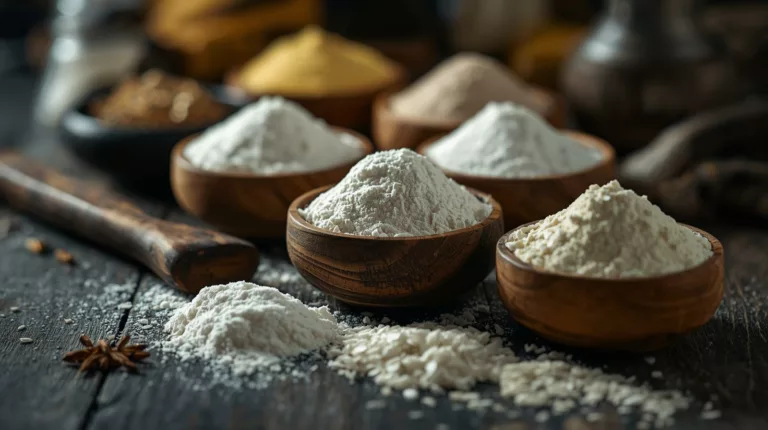 Różne rodzaje skrobi i mąk - zamienniki skrobi kukurydzianej w drewnianych miseczkach