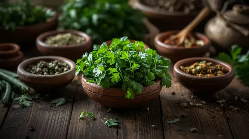 Zamienniki kolendry - różne zioła i przyprawy w miseczkach z kolendrą w centrum na drewnianej powierzchni