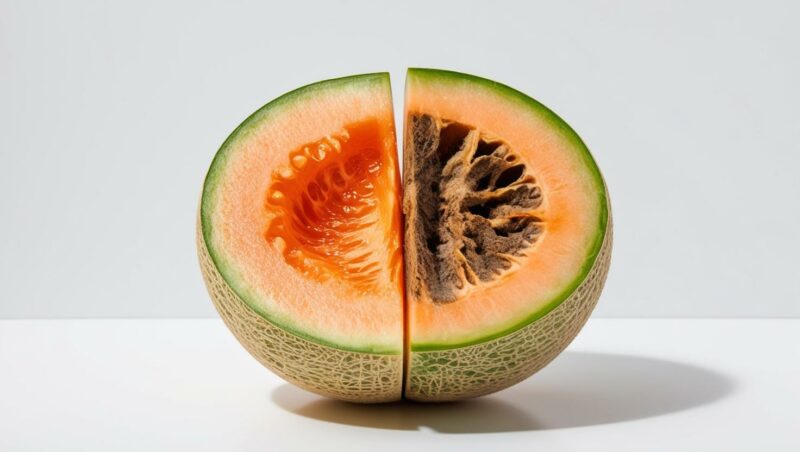 Porównanie przekroju świeżego melona o jasnym, soczystym miąższu z zepsutym melonem o ciemniejszym, rozmięklym miąższu pokazujące różnice w wyglądzie