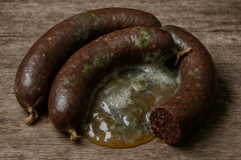 Zdjęcie kaszanki z wyraźnymi oznakami zepsucia (np. śluz, zmiana koloru)