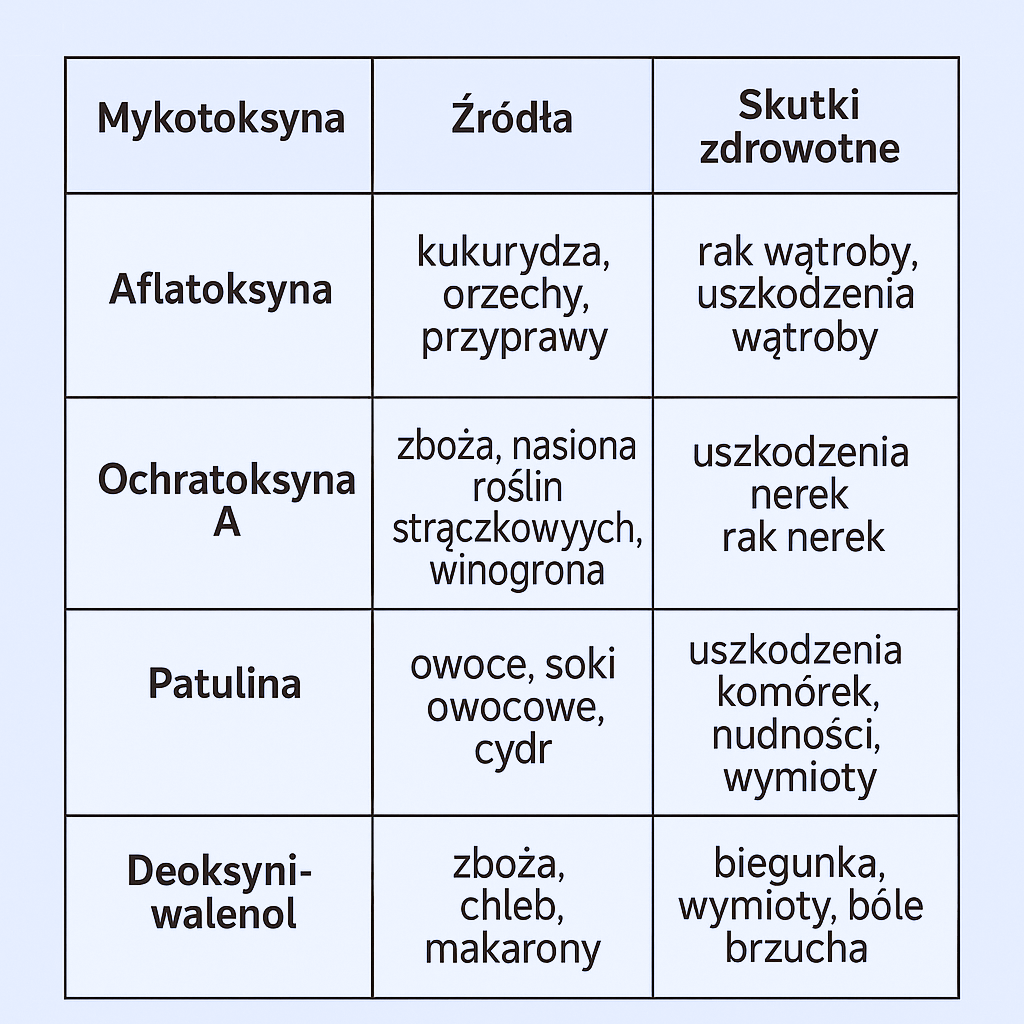 Tabela z zestawieniem najczęściej występujących mykotoksyn, ich źródeł oraz skutków zdrowotnych.