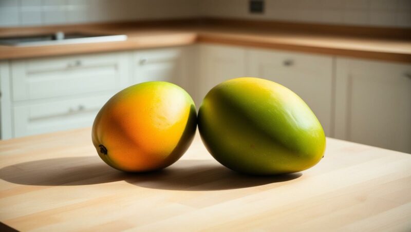 porównanie niedojrzałego i dojrzałego mango na kuchennym blacie