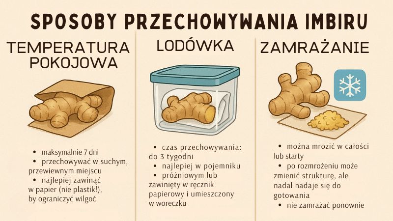 Infografika z trzema sposobami przechowywania imbiru i czasem trwałości.
