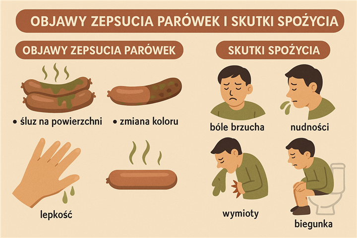 Infografika przedstawiająca objawy zepsucia parówek i skutki spożycia