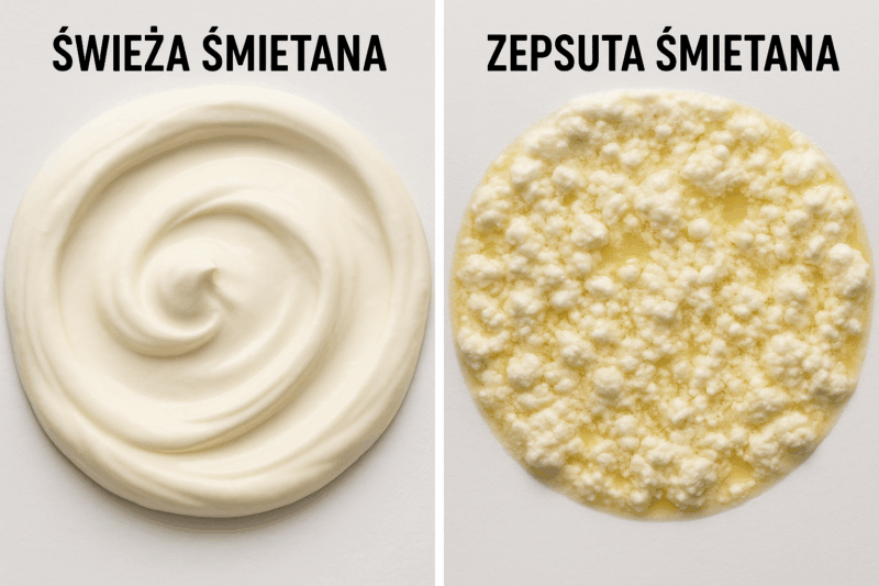 Zestawienie świeżej śmietany o jednolitej konsystencji i kremowej barwie oraz zepsutej śmietany z grudkami, rozwarstwieniem i zmianą koloru