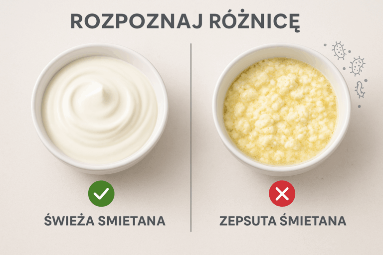 Porównanie świeżej i zepsutej śmietany w dwóch miseczkach - lewa strona pokazuje kremową, białą śmietanę o jednolitej konsystencji, prawa strona przedstawia zepsutą śmietanę z grudkami, rozwarstwieniem oraz żółtawą barwą, z ikonami bakterii symbolizującymi skażenie mikrobiologiczne