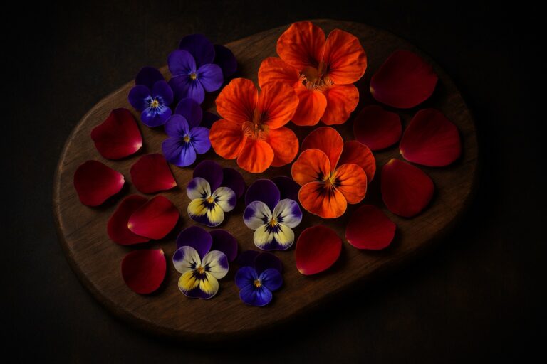 Jadalne kwiaty - fiołki, nasturcje, bratki i płatki róż ułożone na drewnianej desce"