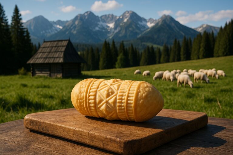 Tradycyjny oscypek podhalański z charakterystycznymi wzorami na drewnianej desce