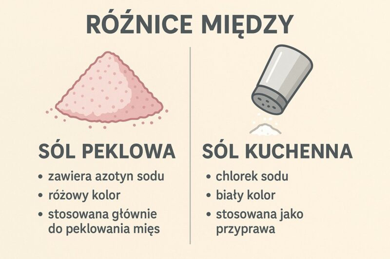 Infografika przedstawiająca różnice między solą peklową zawierającą azotyny a zwykłą solą
