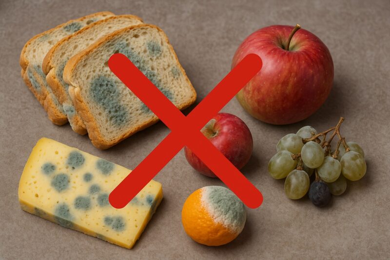 Spleśniałe produkty spożywcze z ostrzeżeniem - chleb, owoce i ser pokryte pleśnią