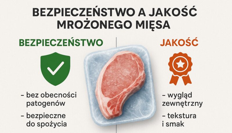 Infografika pokazująca różnicę między bezpieczeństwem a jakością mrożonego mięsa.