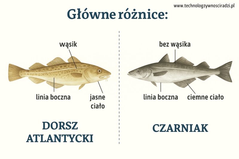 Infografika przedstawiająca główne różnice między dorszem atlantyckim a czarniakiem