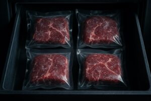 Zamrożone mięso zapakowane próżniowo w domowej zamrażarce.