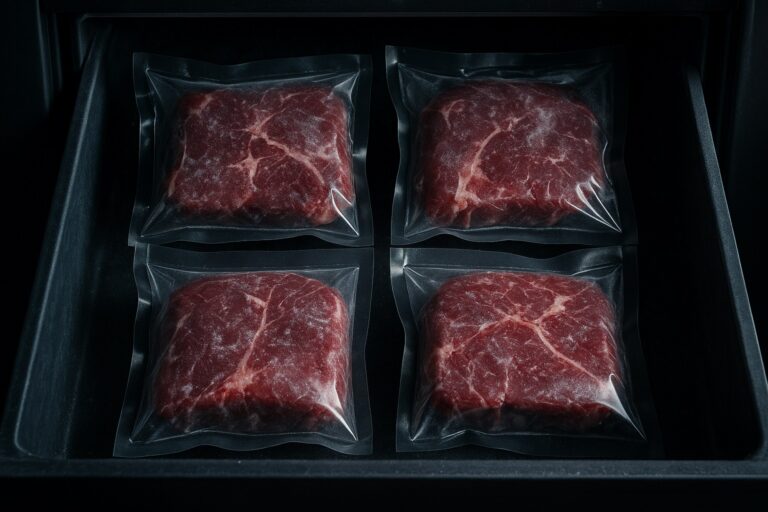 Zamrożone mięso zapakowane próżniowo w domowej zamrażarce.