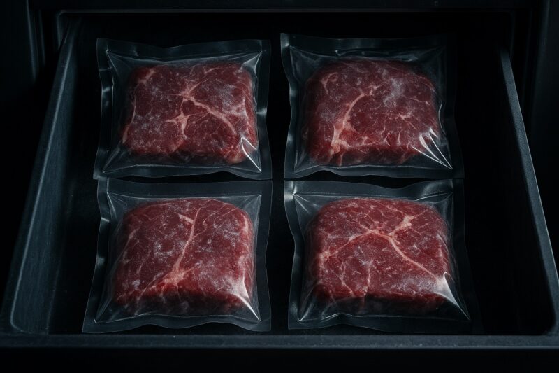 Zamrożone mięso zapakowane próżniowo w domowej zamrażarce.