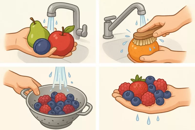Tabela technik mycia owoców przed mrożeniem według typu owocu